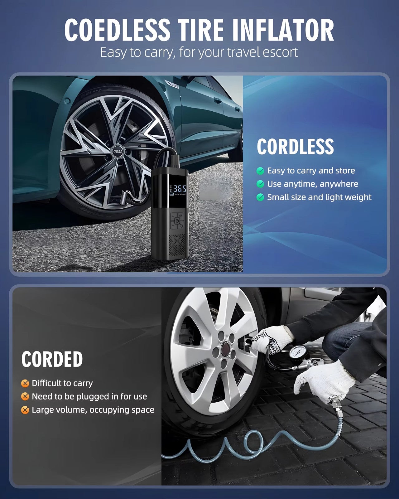 Portable Car Tire Inflator 150PSI Cordless Air Compressor Digital Pump Bike Moto
